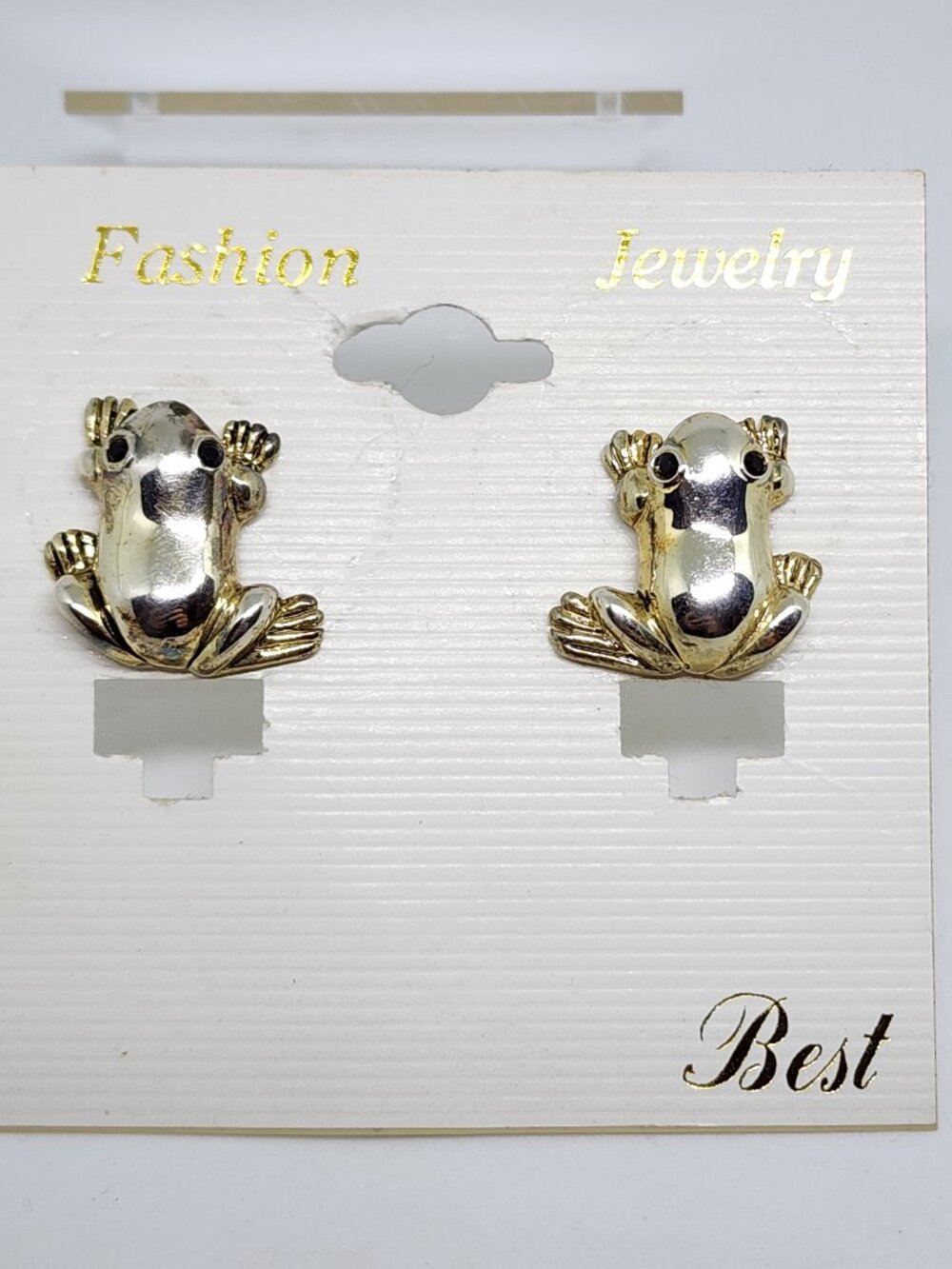 Vintage BEST Silver FROG Toad Black Rhinestone Eyes Pierced Earrings NOC NOS